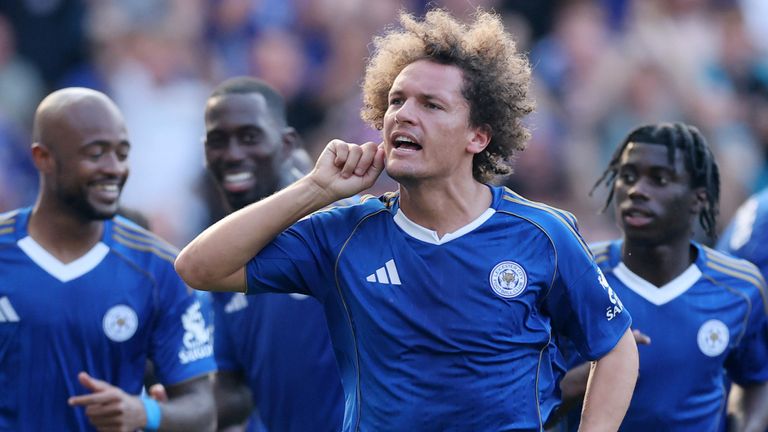Wout Faes celebrates after scoring Leicester City's winning goal against Sheffield Wednesday in the Championship