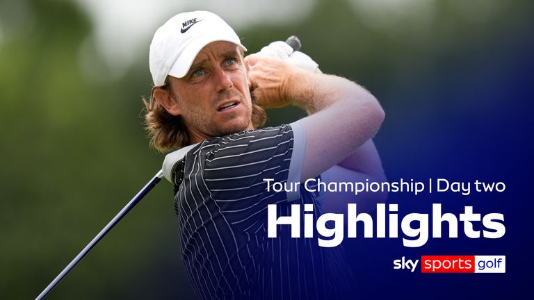 Tommy Fleetwood, of England, hits from the 18th tee during the second round of the Tour Championship golf tournament, Friday, Aug. 22, 2025, in Atlanta.