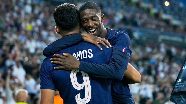 PSG's Goncalo Ramos and Ousmane Dembele celebrate after the former's stoppage-time equaliser against Spurs in the UEFA Super Cup