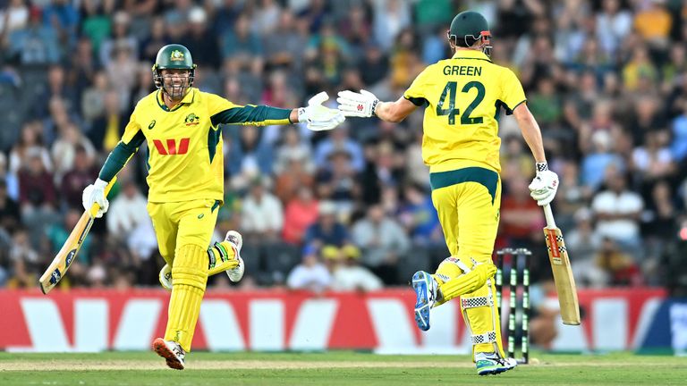 Cameron Green of Australia celebrates his century during game three of the One Day International Series between Australia and South Africa