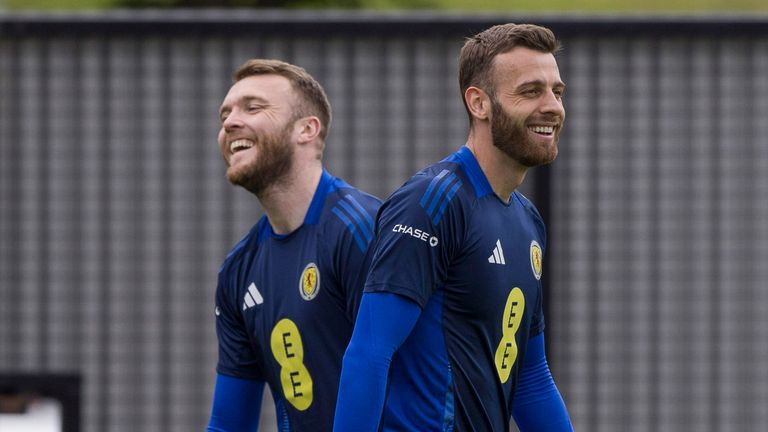 Glasgow, Scotland - May 30: Zander Clark and Angus Gon during a training session for the national team in Scotland in Hamden, on May 30, 2024, in Glasgow, Scotland. (Craig Williamson / SNS Group)