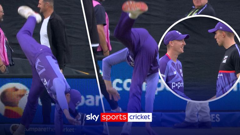 Harry Brook pulls off a cartwheel in front of his teammate Zak Crawley during the warm-up ahead of playing Welsh Fire in the Hundred. 