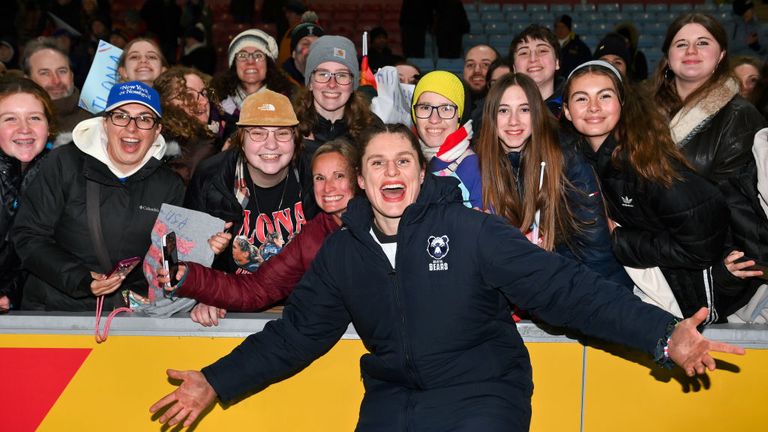 Ilona Maher alongside Bristol Bears' fans during the Premiership Women's Rugby in February