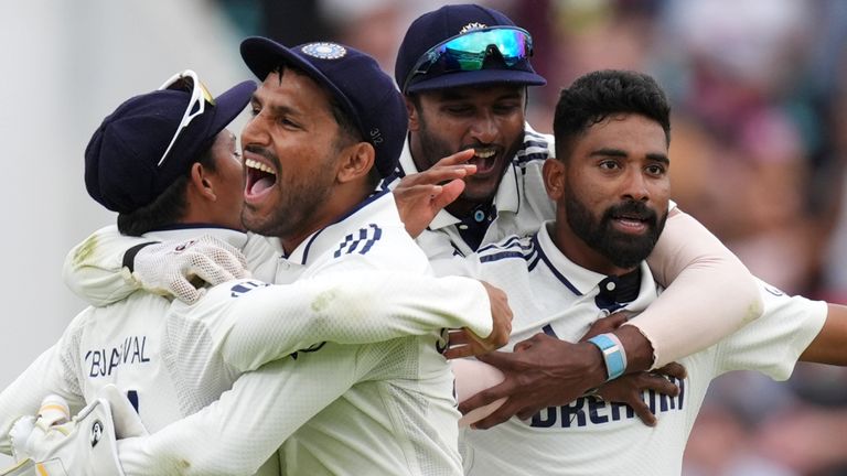 India players celebrate after beating England by six runs in the fifth Test at The Oval
