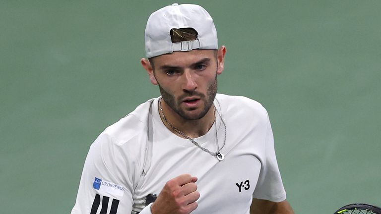 Jacob Fearnley of Great Britain reacts against Roberto Bautista Agut of Spain during their Men's Singles First Round match on Day Three of t