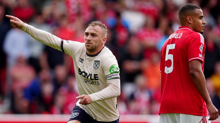 Jarrod Bowen celebrates his goal at the City Ground