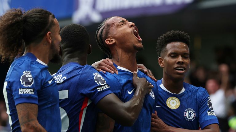 Chelsea's Joao Pedro (second right) celebrates with team-mates after scoring the opening goal  (AP Photo/Ian Walton)