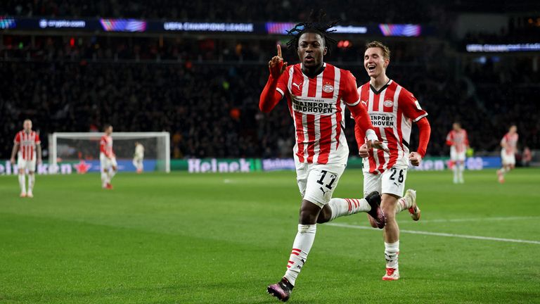Johan Bakayoko celebrates scoring for PSV against Liverpool