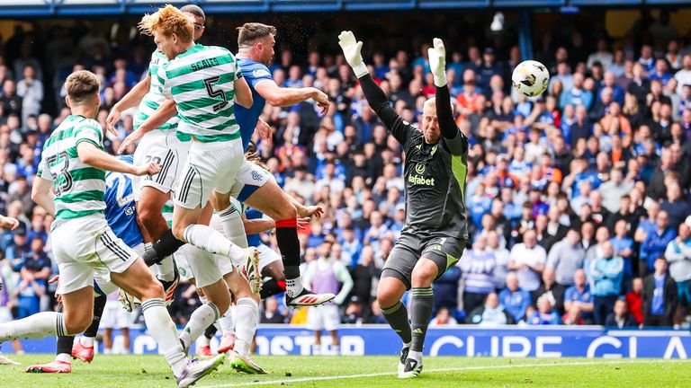 Rangers' John Souttar (centre) scores to make it 1-0 but the goal is disallowed for offside following a VAR check