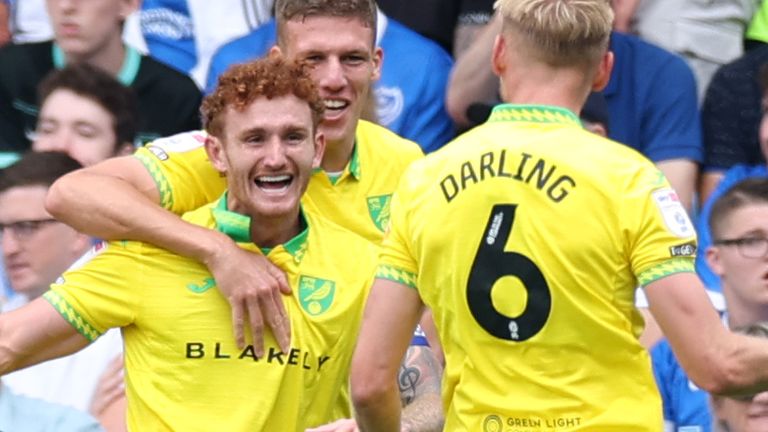 Josh Sargent celebrates scoring Norwich City's second goal