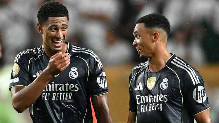 Real Madrid's Jude Bellingham and Trent Alexander-Arnold share a laugh during the FIFA Club World Cup 2025 