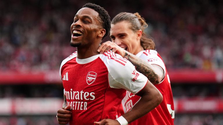 Jurrien Timber celebrates after scoring his second goal of the game in Arsenal's rout of Leeds