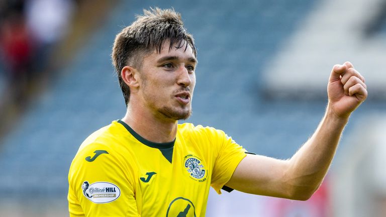 DUNDEE, SCOTLAND - AUGUST 03: Hibernian's Kieron Bowie at full time during a William Hill Premiership match between Dundee and Hibernian at Dens Park, on August 03, 2025, in Dundee, Scotland. (Photo by Mark Scates / SNS Group)