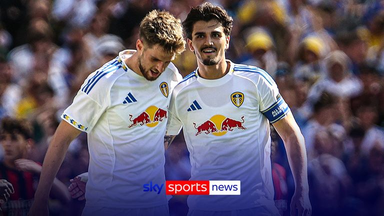 Leeds United's Anton Stach (centre) celebrates with Pascal Struijk (right) after scoring their first goal scoring during a pre-season friendly match at Aviva Stadium, Dublin. Picture date: Saturday August 9, 2025.