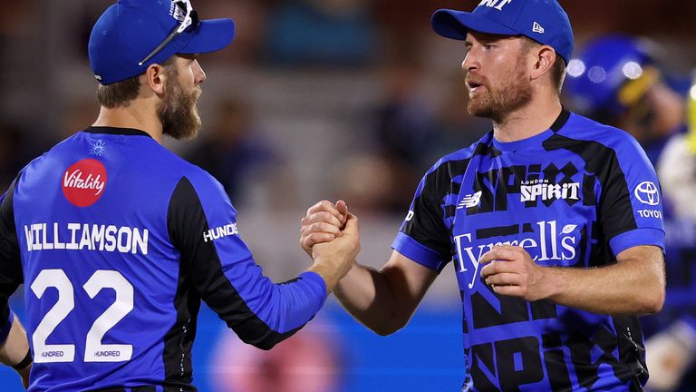 Liam Dawson of London Spirit celebrates the victory with his teammate Kane Williamson 