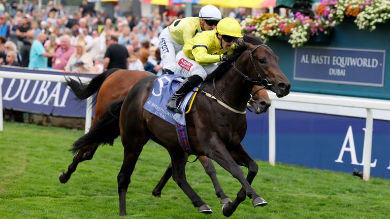 Lifeplan ridden by Zak Wheatley on their way to winning the Al Basti Equiworld Dubai Gimcrack Stakes 