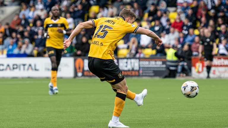 LIVINGSTON, SCOTLAND - AUGUST 09: Livingston's Lewis Smith scores to make it 2-0 during a William Hill Premiership match between Livingston and Falkirk at the Home of the Set Fare Arena, on August 09, 2025, in Livingston, Scotland. (Photo by Paul Devlin / SNS Group)