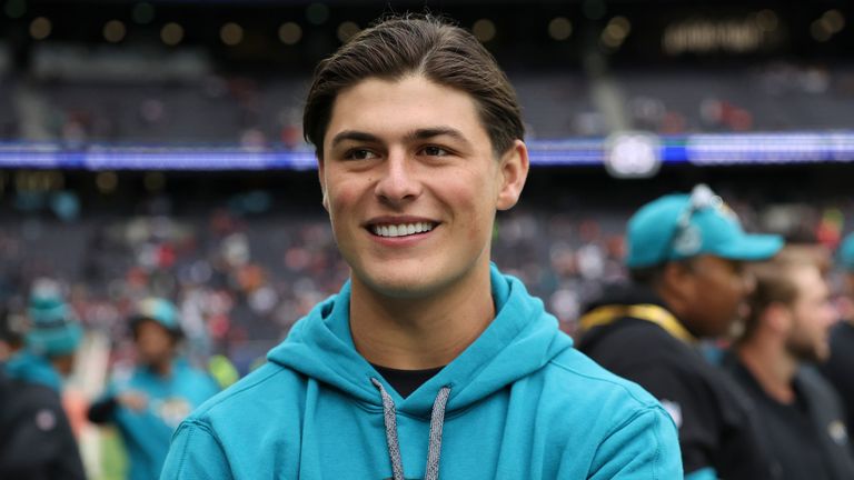 Jacksonville Jaguars wide receiver Louis Rees-Zammit (84), who is part of the practice squad, poses for a photo before an NFL football game at the Tottenham Hotspur stadium between the Jacksonville Jaguars and Chicago Bears in London, Sunday, Oct. 13, 2024. (AP Photo/Ian Walton)
