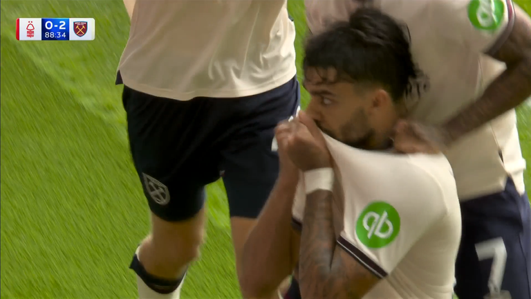 Lucas Paqueta kissed the West Ham badge after his penalty at the City Ground