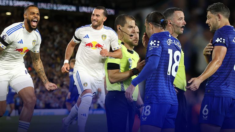 Lukas Nmecha celebrates scoring a penalty with team-mate Jack Harrison (left), while James Tarkowski and Jack Grealish complain to officials