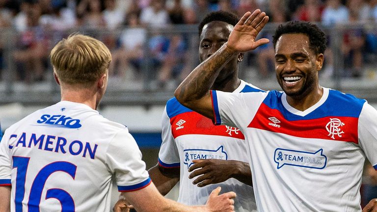 PLZEN, CZECH REPUBLIC - AUGUST 12: Rangers' Lyall Cameron (L) celebrates scoring to make it 1-1 with teammate Danilo during a UEFA Champions League Third Round Qualifier, Second Leg, between Viktoria Plzen and Rangers at the Doosan Arena, on August 12, 2025, in Plzen, Czech Republic. (Photo by Alan Harvey / SNS Group)