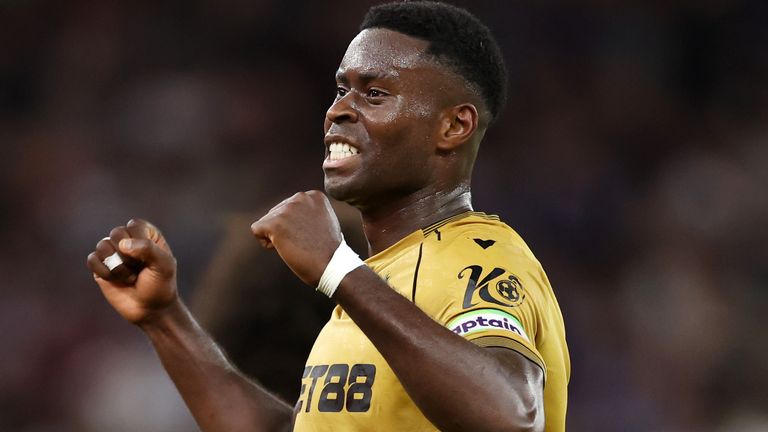 Marc Guehi celebrates scoring a goal for Crystal Palace against Aston Villa at Villa Park on August 31