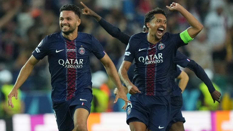 Marquinhos, right, and Goncalo Ramos, left, celebrate after PSG beat Tottenham on penalties to win the UEFA Super Cup