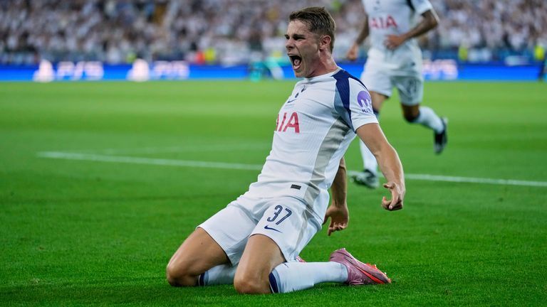 Micky van de Ven celebrates after giving Tottenham the lead against PSG in the Super Cup
