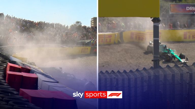 Lance Stroll bằng cách nào đó có thể lái chiếc Martin của mình trở lại Pitlane sau khi có một vụ va chạm lớn với bức tường trong Q1.