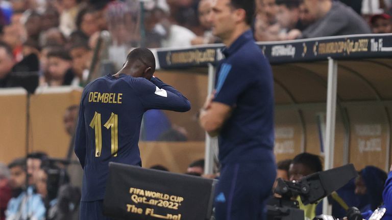 Osmani Dembele interacts from France after being replaced in the first half during the FIFA World Cup Final 2022 against Argentina