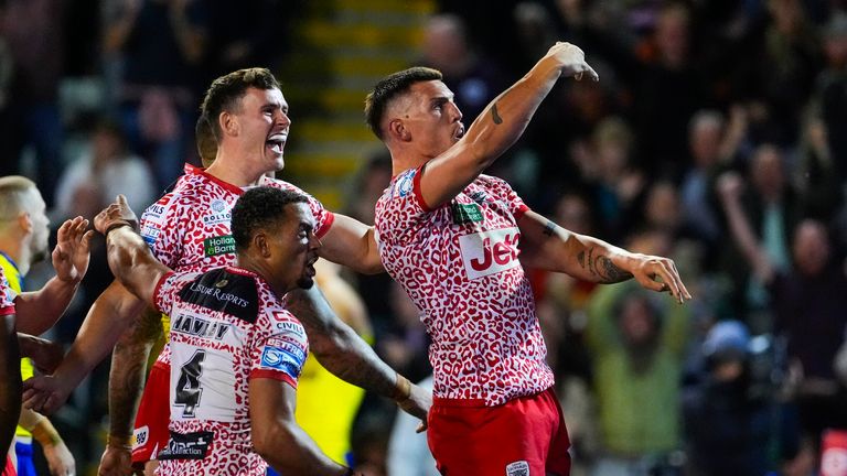Owen Trout celebrating his try for Leigh Leopards (Olly Hassell/SWpix.com)