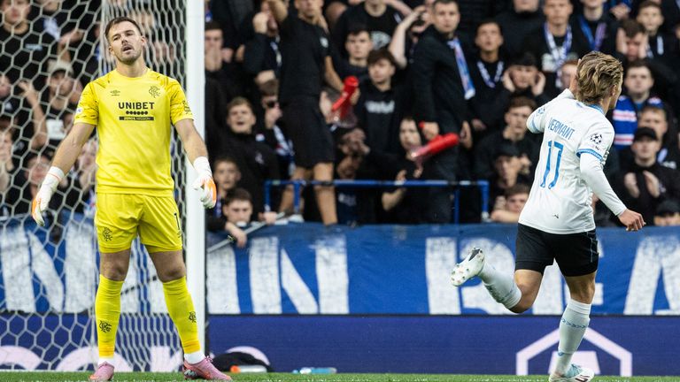 Club Brugge's Romeo Vermant (R) celebrates scoring to make it 1-0 vs Rangers