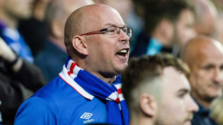 GLASGOW, SCOTLAND - AUGUST 19: Rangers fans look frustrated during a UEFA Champions League Play-Offs First Leg match between Rangers and Club Brugge at Ibrox Stadium, on August 19, 2025, in Glasgow, Scotland.  (Photo by Craig Foy / SNS Group)