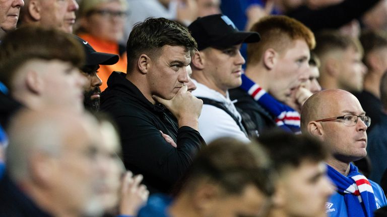 GLASGOW, SCOTLAND - AUGUST 19: Rangers fans look frustrated during a UEFA Champions League Play-Offs First Leg match between Rangers and Club Brugge at Ibrox Stadium, on August 19, 2025, in Glasgow, Scotland.  (Photo by Craig Foy / SNS Group)