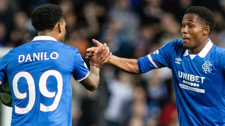 GLASGOW, SCOTLAND - AUGUST 19: Rangers' Danilo (L) celebrates scoring to make it 3-1 with Jayden Meghoma during a UEFA Champions League Play-Offs First Leg match between Rangers and Club Brugge at Ibrox Stadium, on August 19, 2025, in Glasgow, Scotland.  (Photo by Alan Harvey / SNS Group)