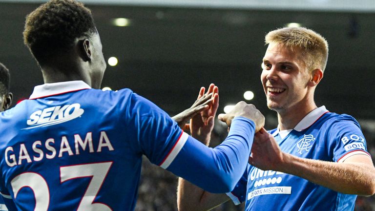 Rangers' Djeidi Gassama celebrates with Oliver Antman as he scores to make it 3-0 