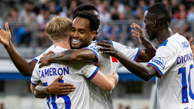 PLZEN, CZECH REPUBLIC - AUGUST 12: Rangers' Lyall Cameron (L) celebrates scoring to make it 1-1 with teammates Danilo (C) and Mohamed Diomande during a UEFA Champions League Third Round Qualifier, Second Leg, between Viktoria Plzen and Rangers at the Doosan Arena, on August 12, 2025, in Plzen, Czech Republic. (Photo by Alan Harvey / SNS Group)