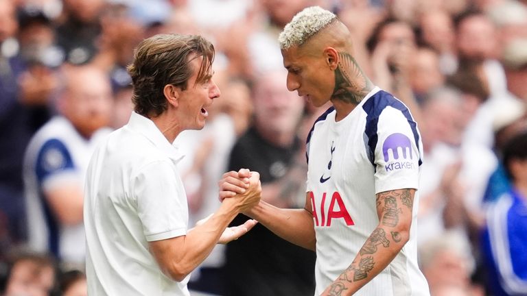 Thomas Frank embraces Richarlison as he leaves the pitch