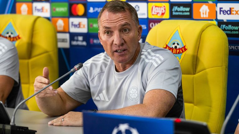 ALMATY, KAZAKHSTAN - AUGUST 25: Celtic Manager Brendan Rodgers during a Celtic MD-1 press conference at the Almaty Ortalyk Stadion, on August 25, 2025, in Almaty, Kazakhstan.  (Photo by Craig Williamson / SNS Group)
