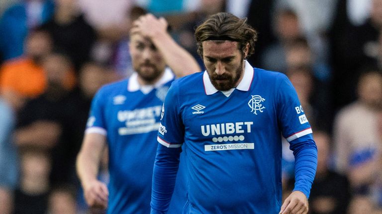 GLASGOW, SCOTLAND - AUGUST 19: Rangers' Joe Rothwell looks dejected during a UEFA Champions League Play-Offs First Leg match between Rangers and Club Brugge at Ibrox Stadium, on August 19, 2025, in Glasgow, Scotland.  (Photo by Craig Foy / SNS Group)