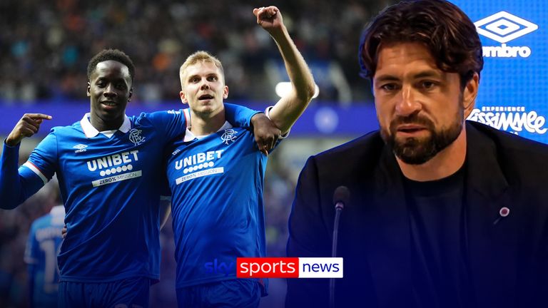 Rangers' Djeidi Gassama celebrates scoring their side's third goal of the game with teammate Oliver Antman during the UEFA Champions League third qualifying round first leg match at Ibrox Stadium, Glasgow. Picture date: Tuesday August 5, 2025.