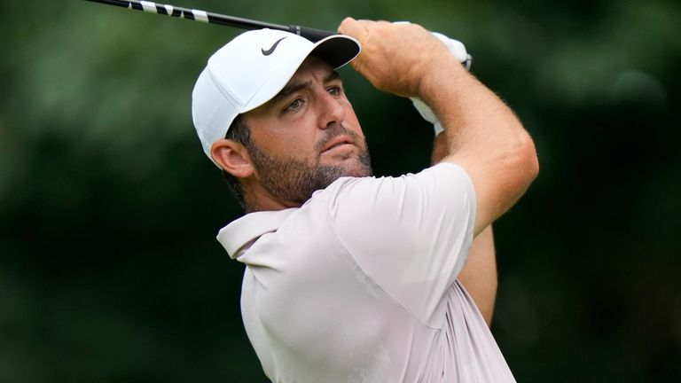 Scottie Scheffler hits from the fifth tee during the third round of the BMW Championship