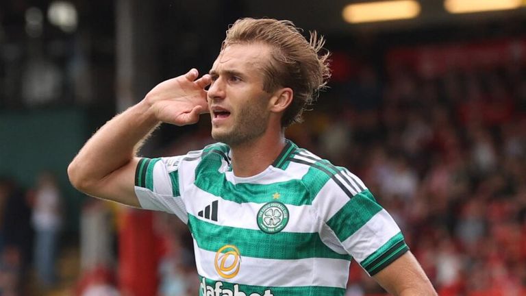 Benjamin Nygren celebrates after giving Celtic a first-half lead at Aberdeen