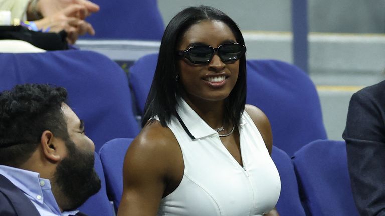 US gymnast Simone Biles attends day five of the US Open tennis tournament at the USTA Billie Jean King National Tennis Center in New York Ci