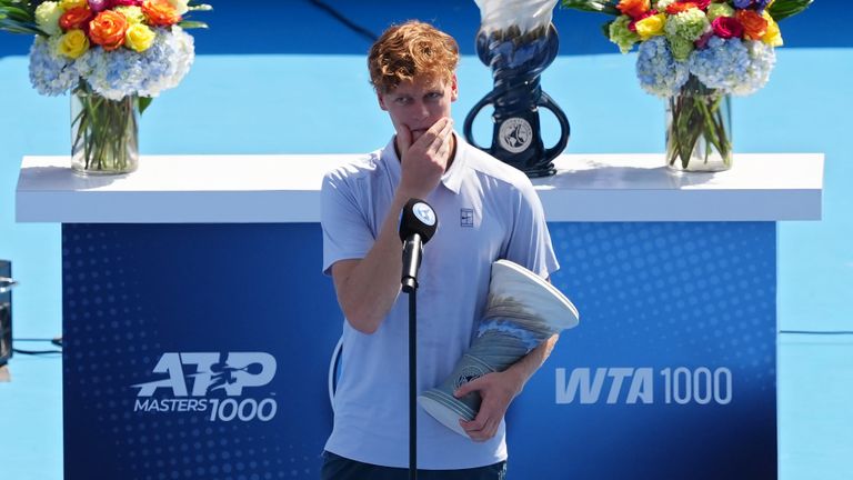 Sinner addresses the spectators at the Cincinnati Open final after he was forced to retire through illness