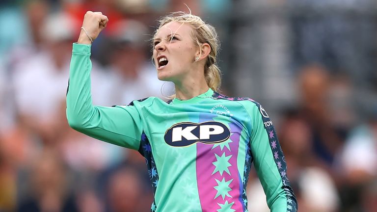 Sophia Smale of Oval Invincibles celebrates after taking the wicket of Shabnim Ismail of Welsh Fire