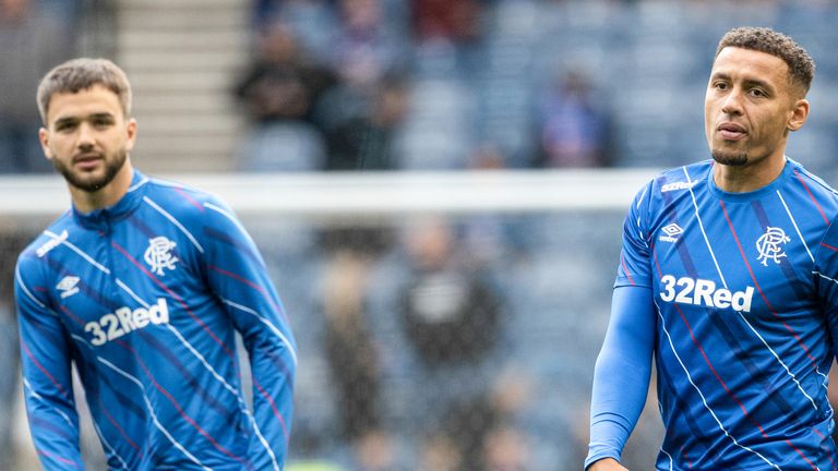 GLASGOW, SCOTLAND - AUGUST 05: Rangers' Nicolas Raskin and James Tavernier during a UEFA Champions League Third Round Qualifier First Leg match between Rangers and Viktoria Plzen at Ibrox Stadium, on August 05, 2025, in Glasgow, Scotland. (Photo by Alan Harvey / SNS Group)