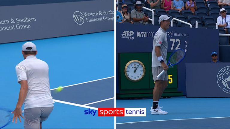 Kei Nishikori hit a stunning backhand winner in his Cincinnati Masters opener against Camilo Ugo Carabelli.