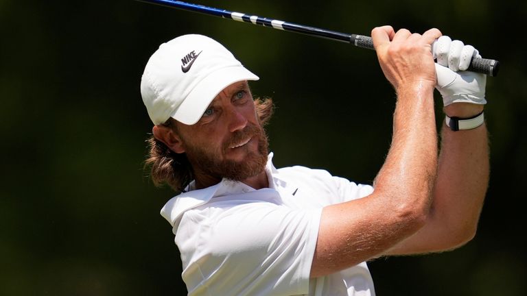 Tommy Fleetwood, of England, watches his tee shot on the fifth hole during the final round of the St. Jude Championship golf tournament Sunday, Aug. 10, 2025, in Memphis, Tenn. (AP Photo/George Walker IV)