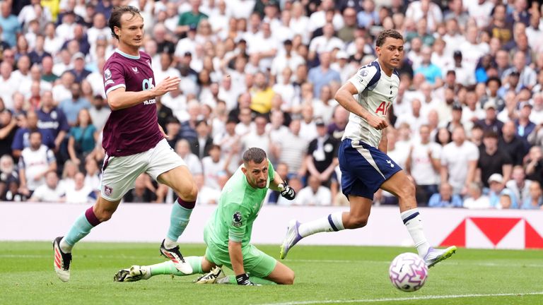 Tottenham Hotspur's Brennan Johnson scoring their third goal 